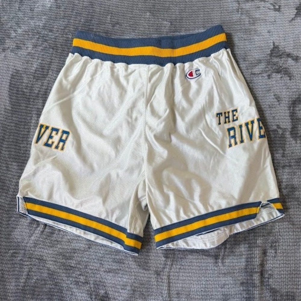 Vintage Champion The River Nylon Basketball Shorts White Blue Yellow Mens 28X5